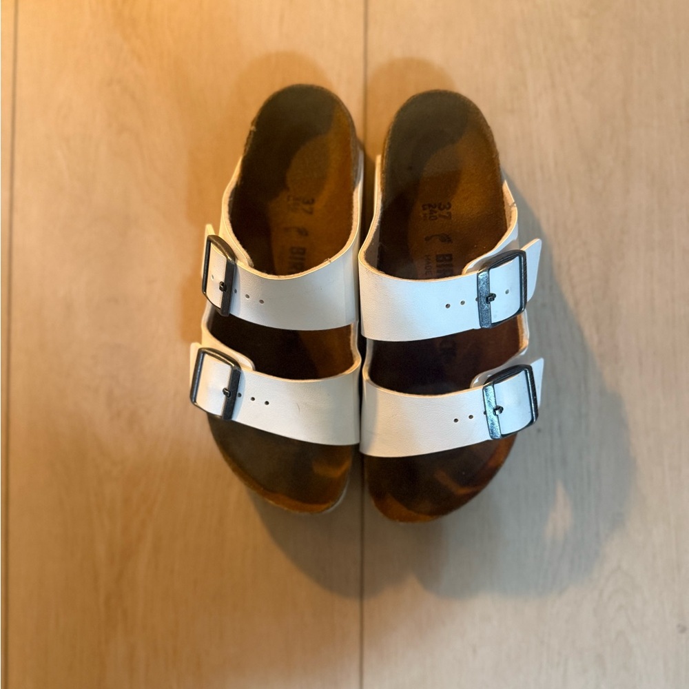 White Birkenstock double strap sandals